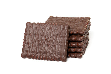 Biscuit Coated in Dark Chocolate Isolated, Square Cookies, Rectangular Shortbread, Crunchy Digestive Cookie