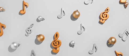 Music notes with Christmas balls on grey background - obrazy, fototapety, plakaty