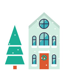 Private house with evergreen tree decor flat icon