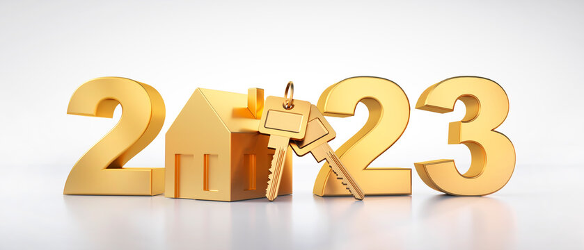  Golden symbol house and numbers 2023 - 3D illustration