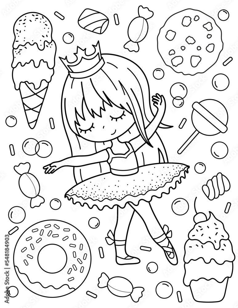 Wall mural cute ballerina with sweets, ice cream and cupcakes. coloring book with ballerina. dancing. black and - Wall murals