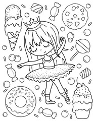 Cute ballerina with sweets, ice cream and cupcakes. Coloring book with ballerina. Dancing. Black and white vector illustration.