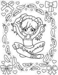 A cute ballerina with feathers and bows. Coloring book with ballerina. Dancing. Black and white vector illustration.