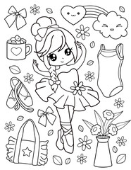 Cute ballerina with clothes, cup, flowers and bows. Coloring book with ballerina. Dancing. Black and white vector illustration.