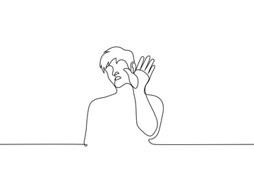 man put his palm forward, call to stop gesture - one line drawing vector. concept of prohibition, ban, force to stop, that's it