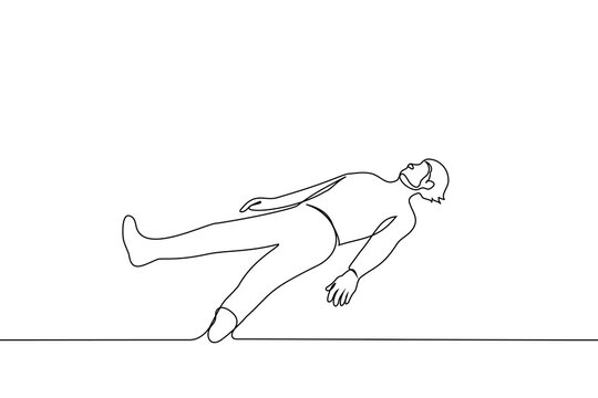 man lies on his back on the ground or floor - one line drawing vector. The concept of lying unconscious, sleeping, dead man