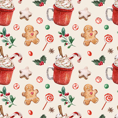 Materiał do szycia Christmas seamless pattern. Watercolor red mug with hot cocoa and candy cane, gingerbread cookie men, bakery, sweets, and greenery on beige background.