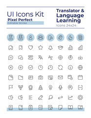 Translator pixel perfect linear ui icons set. Language learning. Communication. Machine translation. Outline isolated user interface elements. Editable stroke. Montserrat Bold, Light fonts used