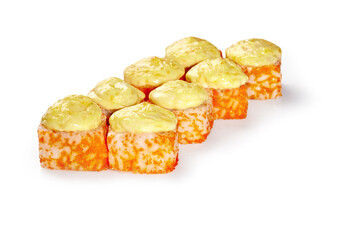 Baked maki sushi rolls with salmon, cucumber and cream cheese in masago roe