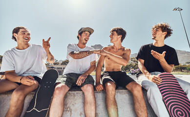 Young men, skater and skateboard, relax outdoor in skate park, urban and skateboarder friends in...