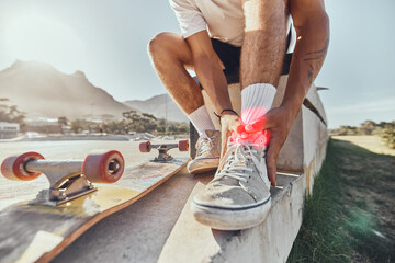 Skateboard man, injury and ankle pain, legs and outdoor accident, emergency or first aid risk with red glow at skatepark. Joint pain, bone health and wound fracture of skateboarder in sports accident