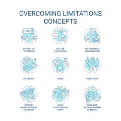 Overcoming limitations turquoise concept icons set. Self growth. Remove inner fears idea thin line color illustrations. Isolated symbols. Editable stroke. Roboto-Medium, Myriad Pro-Bold fonts used
