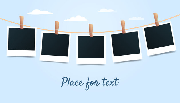 Blank set photo picture frames on blue sky background. Retro snapshots, instant photos mockup hanging on a thread. Banner with place for text. Photo template. Vector illustration