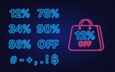 Neon set of elements and numbers for sale, discounts on the store website. Vector glowing shopping icon