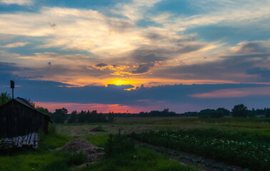 Landscape with sunset in the village in summer