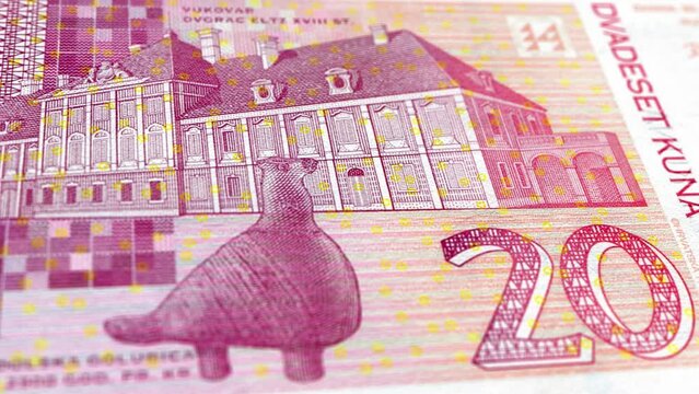 Croatia Croatian Kuna 20 Banknotes, Twenty Croatian Kuna, Close-up and macro view of the Croatian Kuna, Tracking and Dolly Shots 20 Croatian Kuna banknote Observe and Reserve Side, Croatian Kuna Money