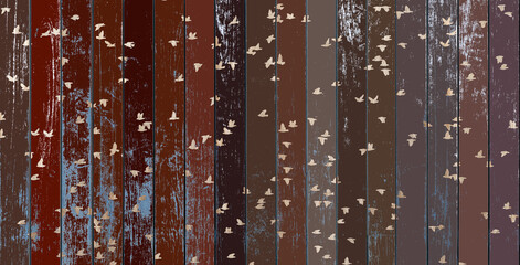 Silhouettes d’oiseaux sur fond bois rouge vintage 