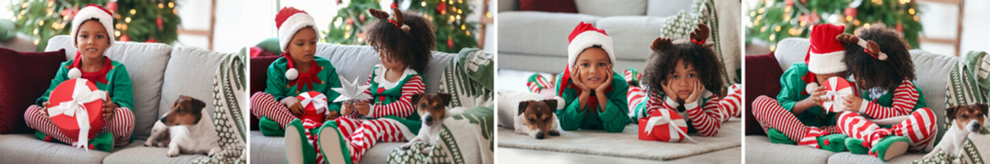 Collage with little African-American children and cute dog celebrating Christmas at home