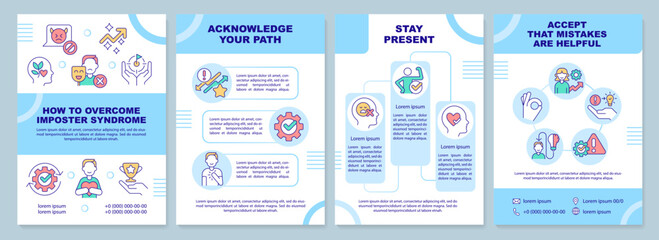 How to overcome imposter syndrome blue brochure template. Leaflet design with linear icons. Editable 4 vector layouts for presentation, annual reports. Arial-Black, Myriad Pro-Regular fonts used