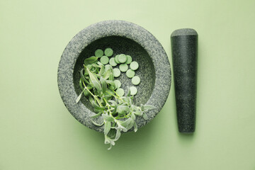 Stone mortar with herbs, pills and pestle on green background