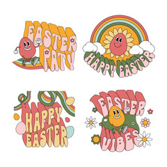 Happy Easter vintage stickers set. Trendy Easter design with typography, flowers, eggs, in pastel colors. Retro groovy style
