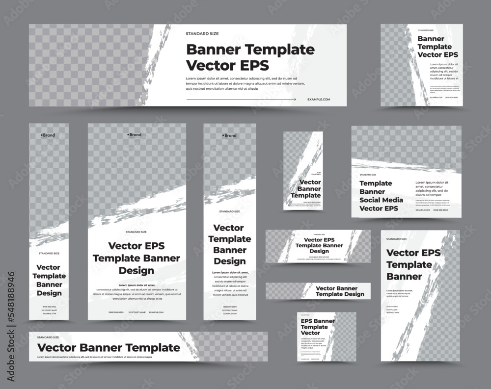 Poster Set of vector web banners with photo space and diagonal grunge elements.