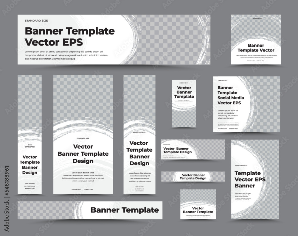 Poster Vector white web banners of different sizes with photo space and round grunge elements.