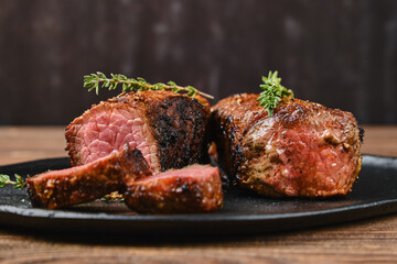 Closeup view of roasted beef steak