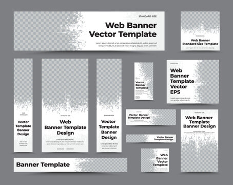 Set of white vector web banner templates with photo space and grunge elements.
