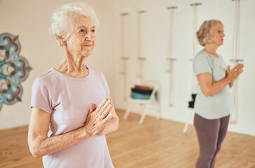 Yoga, zen and mindfulness with elderly women and meditate, peace and balance for wellness and...