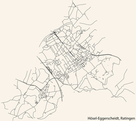 Detailed navigation black lines urban street roads map of the HÖSEL-EGGERSCHEIDT MUNICIPALITY of the German regional capital city of Ratingen, Germany on vintage beige background