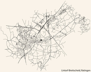 Obraz premium Detailed navigation black lines urban street roads map of the LINTORF-BREITSCHEID MUNICIPALITY of the German regional capital city of Ratingen, Germany on vintage beige background