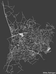 Detailed negative navigation white lines urban street roads map of the MITTE MUNICIPALITY of the German regional capital city of Ratingen, Germany on dark gray background