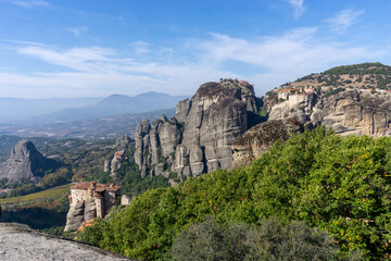 Fototapeta na wymiar landscape of the Meteora rock formations with the Saint Nikolaos monastery