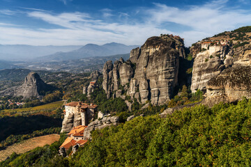 landscape of the Meteora rock formations with the Saint Nikolaos monastery