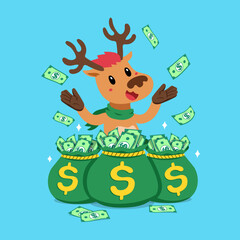 Vector cartoon happy christmas reindeer with money bags for design.