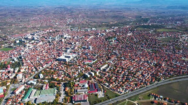 Aerial view around the city Kumanovo in North Macedonia on a sunny day.