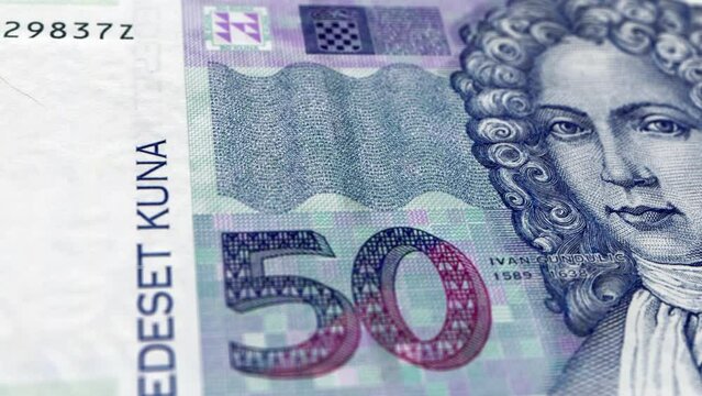 Croatia Croatian Kuna 50 Banknotes, Fifty Croatian Kuna, Close-up and macro view of the Croatian Kuna, Tracking and Dolly Shots 50 Croatian Kuna banknote Observe and Reserve Side, Croatian Kuna Money