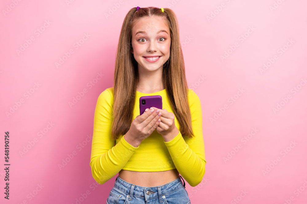 Poster photo of cheerful cute lady wear yellow stylish shirt hold modern device satisfied fast 4g connectio