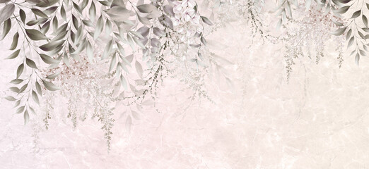 Floral background for wallpaper, watercolor baige, can be used as poster. Botanical art. Mural. Leaves on marble.	