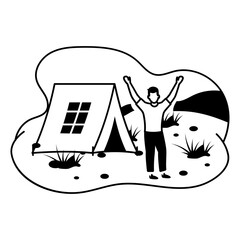 Excited Man standing near Cabin Concept, Freelancer enjoying the nature vector icon design, Outdoor weekend Activity symbol, Travel Holiday Scene Sign, Relaxing people at Vacation stock illustration