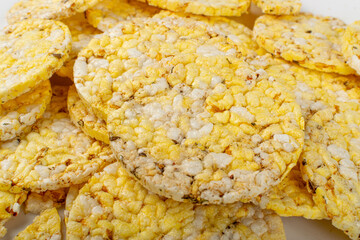 Puffed Corn Cake Texture Background, Corn Diet Bread with Fragrant Herbs and Spices, Waffle with Corns Pattern