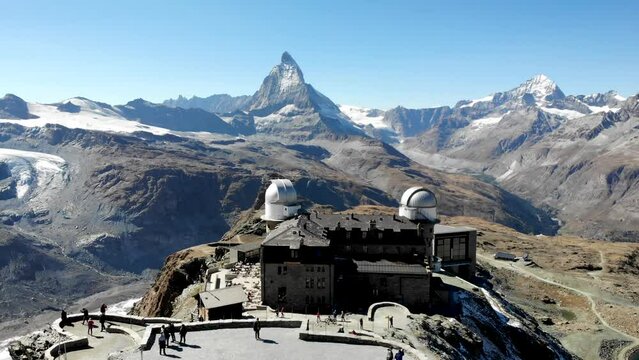 Aerial view of Gornergrat in Zermatt, Switzerland with a view of the famous observatory and viewpoint of the Matterhorn and Gorner glacier.