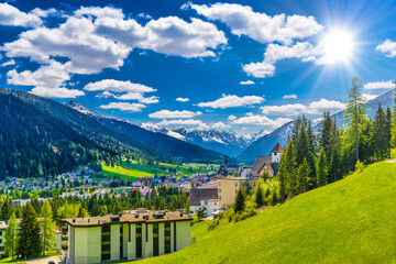 Houses in town village in Alps mountains, Davos, Graubuenden, S