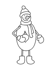 Funny smiling snowman with a Christmas tree toy in his hands. A stylized image of a winter character. Vector illustration in a doodle style.