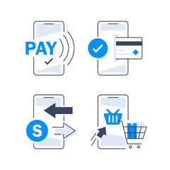 Mobile Payment. Smartphone with Online Payment. Credit card on screen phone. Online shopping. NFC payments. Banking, Finance app and e-payment. Pay by credit card via electronic wallet wirelessly