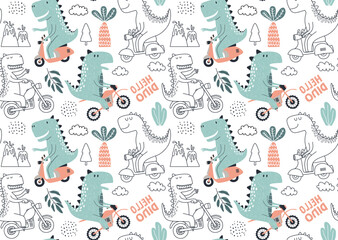 set of cute dinosaur print and seamless pattern with dinosaurs. vector illustration