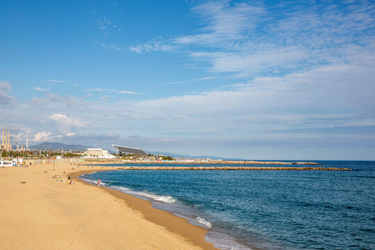Barcelona beach in the Poblenou sector, in the Mediterranean looking towards Badalona