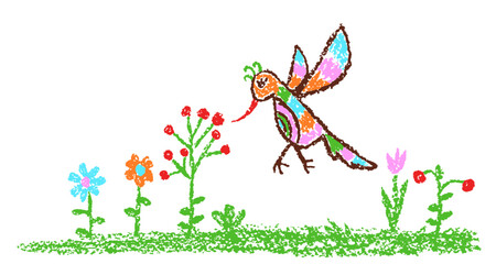 Tropical crazy fantastic doodle bird and flower meadow. Crayon like kid`s hand drawn colorful bright funny jungle flying monster. Vector pastel chalk or pencil childlike cartoon art