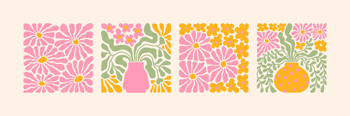 Groovy abstract flower art set. Organic doodle shapes in trendy naive retro hippie 60s 70s style. Contemporary poster and background. Floral botanic vector illustration in pink, yellow, orange colors.